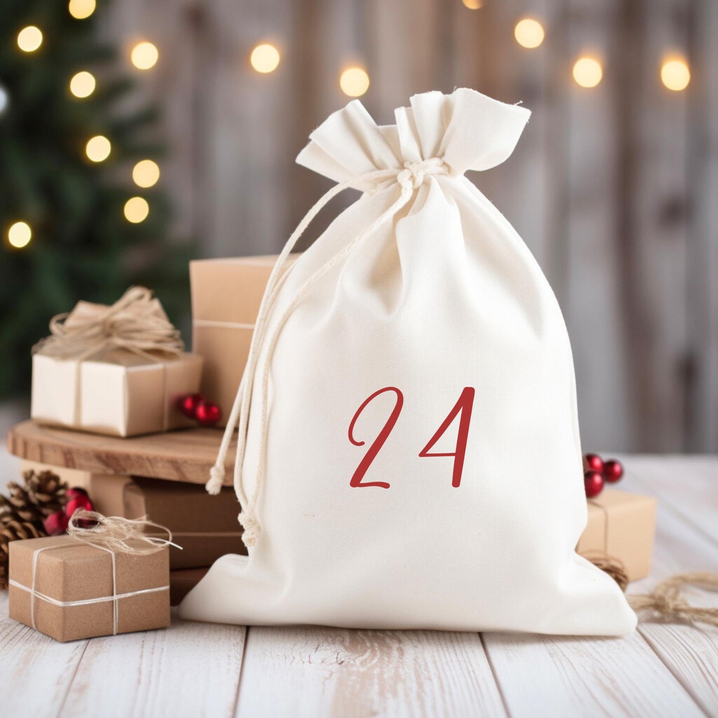 Bügelbild Adventskalender Zahl 24 Rot Kalligraphie Säckchen Weihnachten