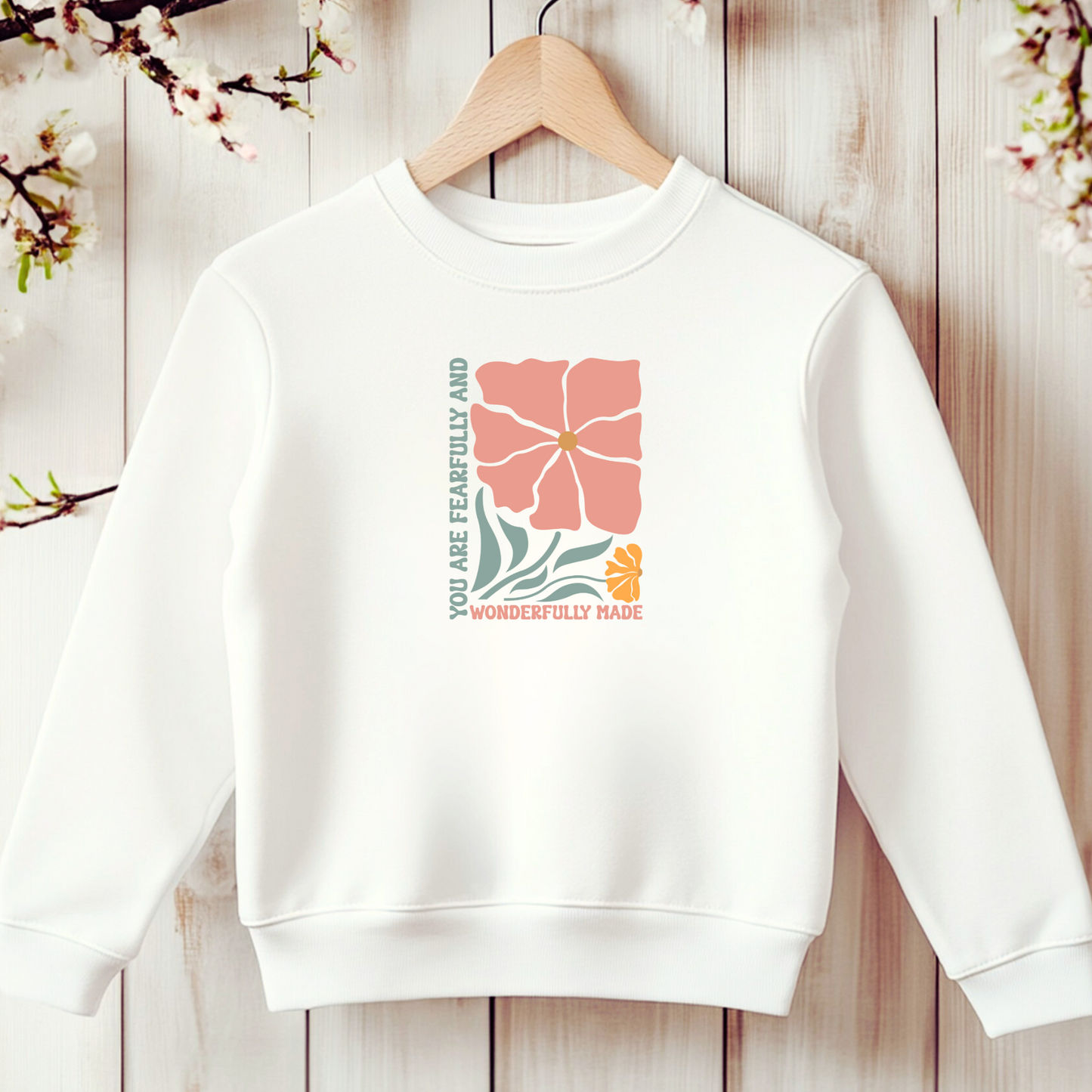 Bügelbild mit Blumen-Design und Bibelvers "Fearfully and Wonderfully Made" zum Aufbügeln