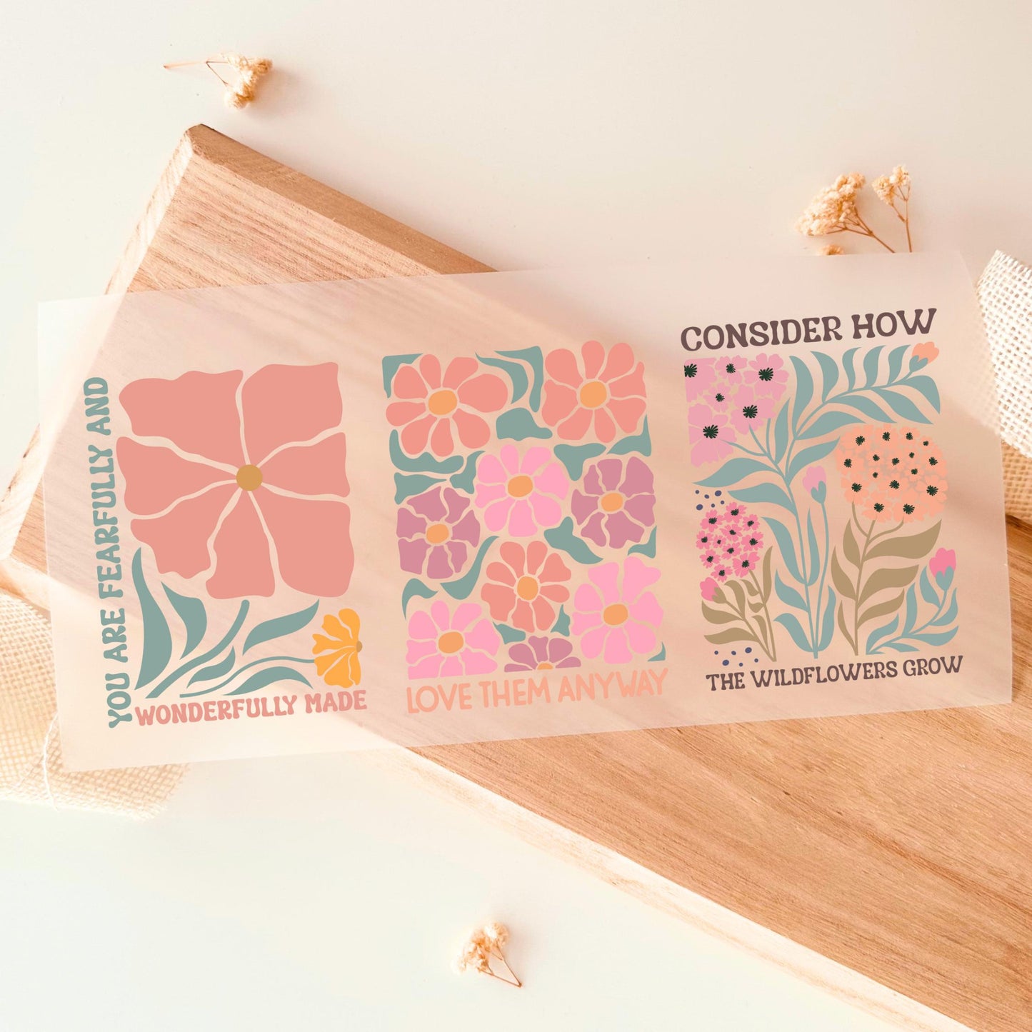 Bügelbild Set Wildblumen Botanisch Retro Boho Rosa Mint Pastell Damen