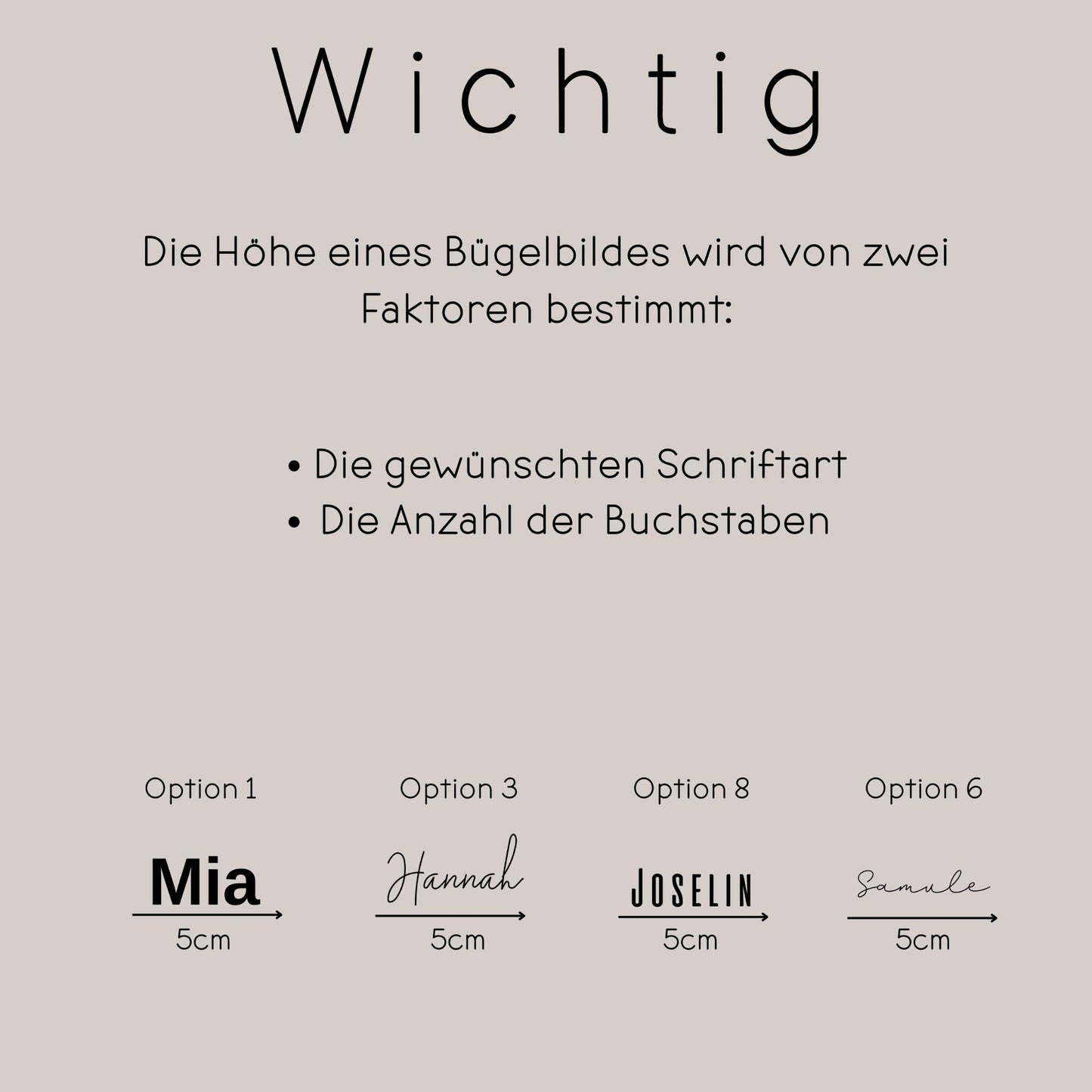 Infografik zu den Größenoptionen eines personalisierten Bügelbilds mit Wunschtext
