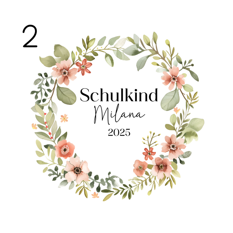 Großes Bügelbild Blumenkranz in Grün und Apricot, in der Mitte Aufschrift "Schulkind 2025" und der Name in schwarzer Schrift. Perfekt für Mädchen, ideal für T-Shirts, Schultüten und andere Textilien zum ersten Schultag.