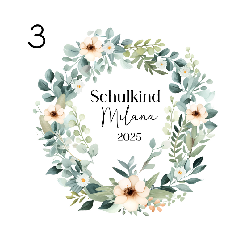 Großes Bügelbild Blumenkranz in Grün, Gelb und Apricot, in der Mitte Aufschrift "Schulkind 2025" und der Name in schwarzer Schrift. Perfekt für Mädchen, ideal für T-Shirts, Schultüten und andere Textilien zum ersten Schultag.