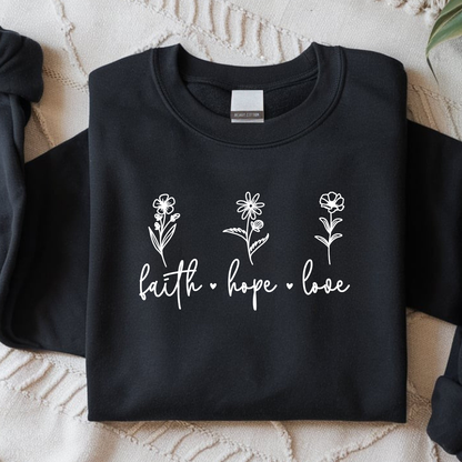 Bügelbild Faith Hope Love Blumen christlich
