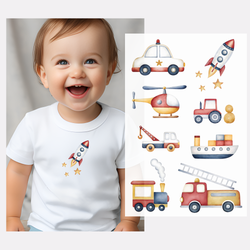 Set aus 8 Bügelbildern in Pastellfarben für Jungen mit verschiedenen Fahrzeugen wie Feuerwehrwagen, Polizeiauto, Trecker, Hubschrauber, Rakete, Abschlepper, Boot und Zug. Perfekt für Kinderkleidung oder Taschen.