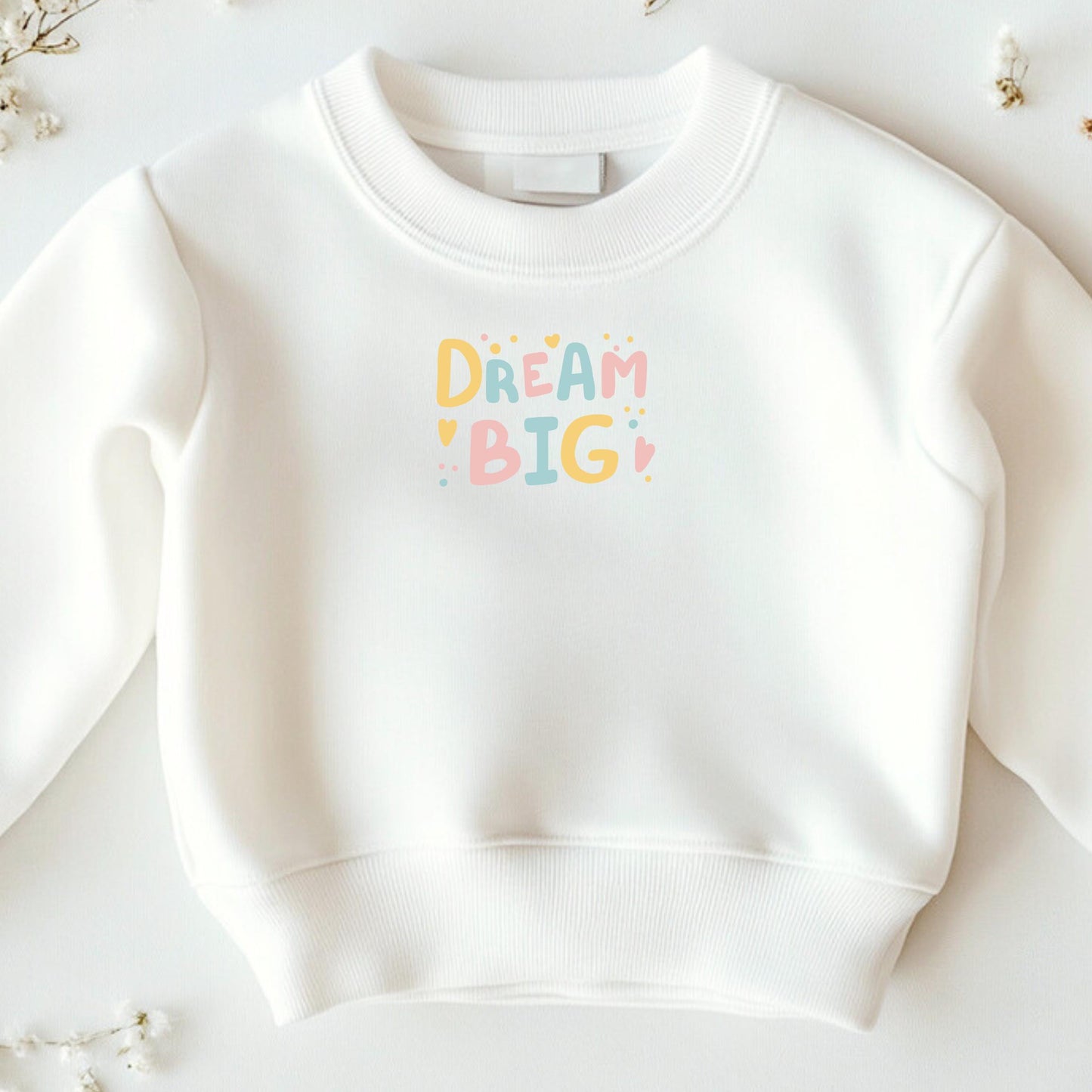 Bügelbild „Dream Big“ – Bunter Schriftzug mit Herzen zum Aufbügeln für Kinder - Pink/Gelb-Orange/Blau -Eternity 