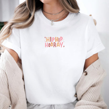 Bügelbild „HIPHIP HOORAY“ – Motiv für Kinderkleidung, DIY & Geschenke - Blau/Orange-Pink/Orange -Eternity 