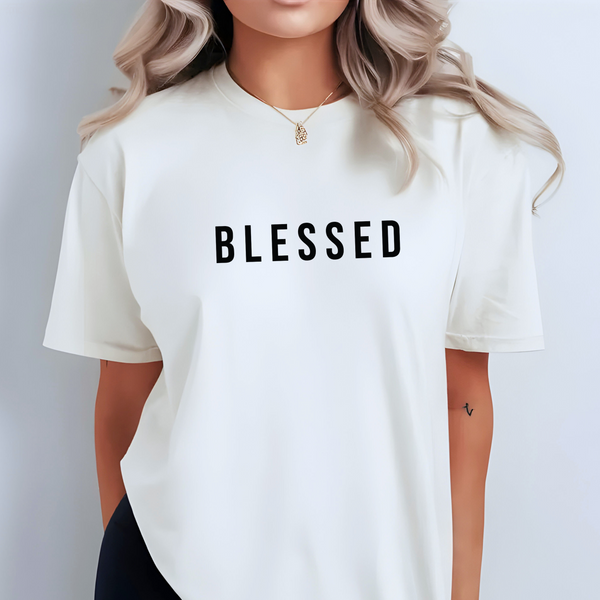 Schwarzes Bügelbild Christlich mit dem Schriftzug 'Blessed', großes Bügelbild zum einfachen Aufbügeln.