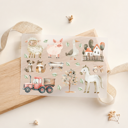 Bügelbild-Set mit Bauernhof-Tieren wie Schaf, Schwein, Gans, Katze, Pferd und Traktor im Aquarell-Stil für Kinder