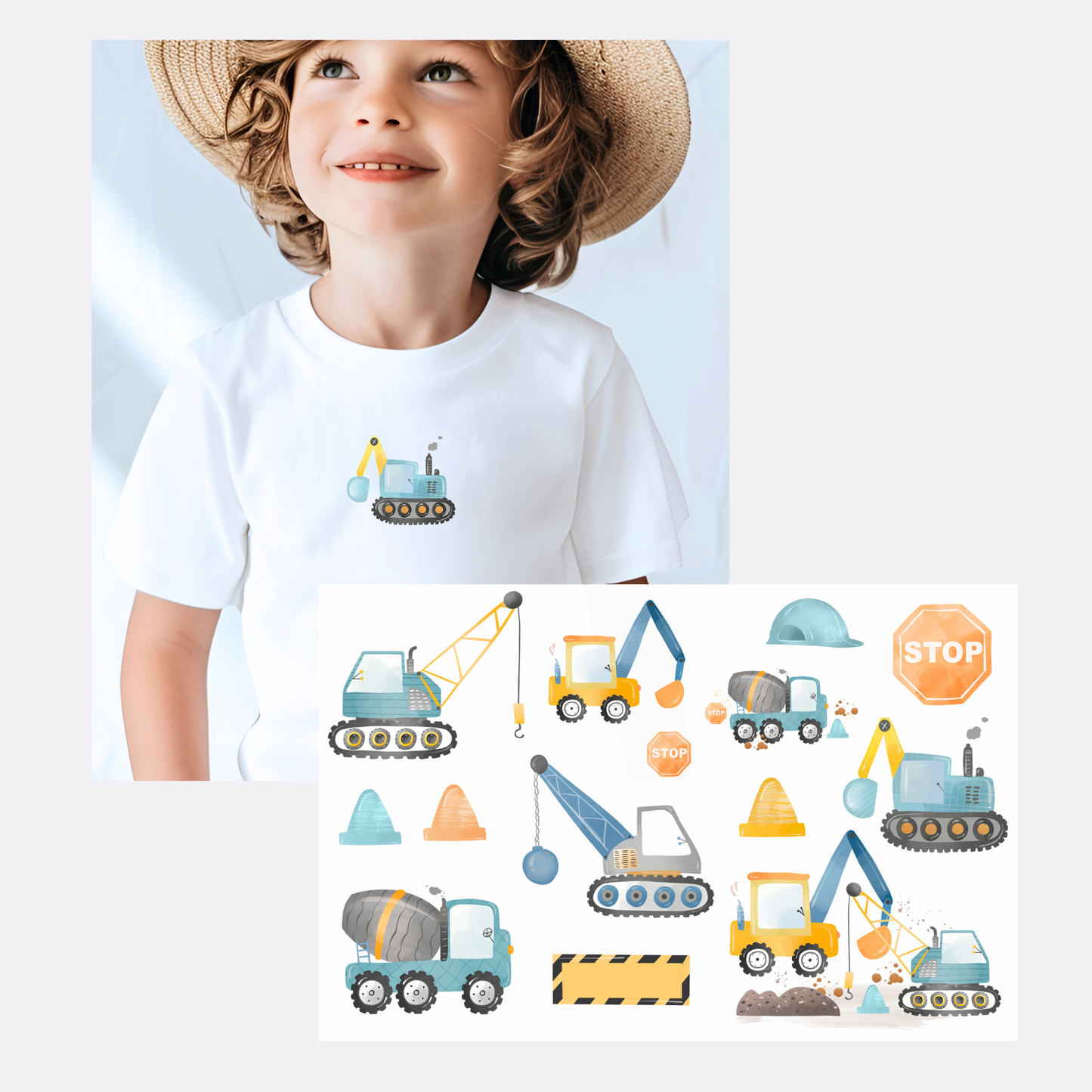 Set aus 14 Bügelbildern mit Baustellenmotiven für Kinder, Jungen. Enthält Bagger, Kran, Betonmischer, drei Hütchen, einen Helm, zwei Stoppschilder und eine Schranke in hellem Blau und Gelb, ideal für kreative Textilien.