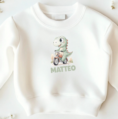 Bügelbild Dinosaurier personalisiert – Dino Motorrad mit Name Jungen