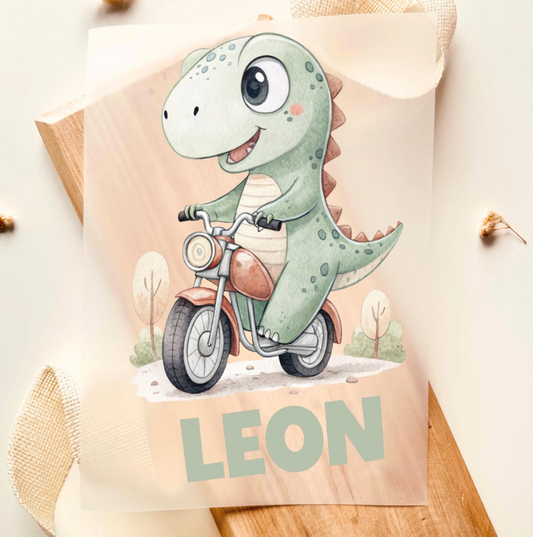 Bügelbild Dinosaurier personalisiert – Dino Motorrad mit Name Jungen
