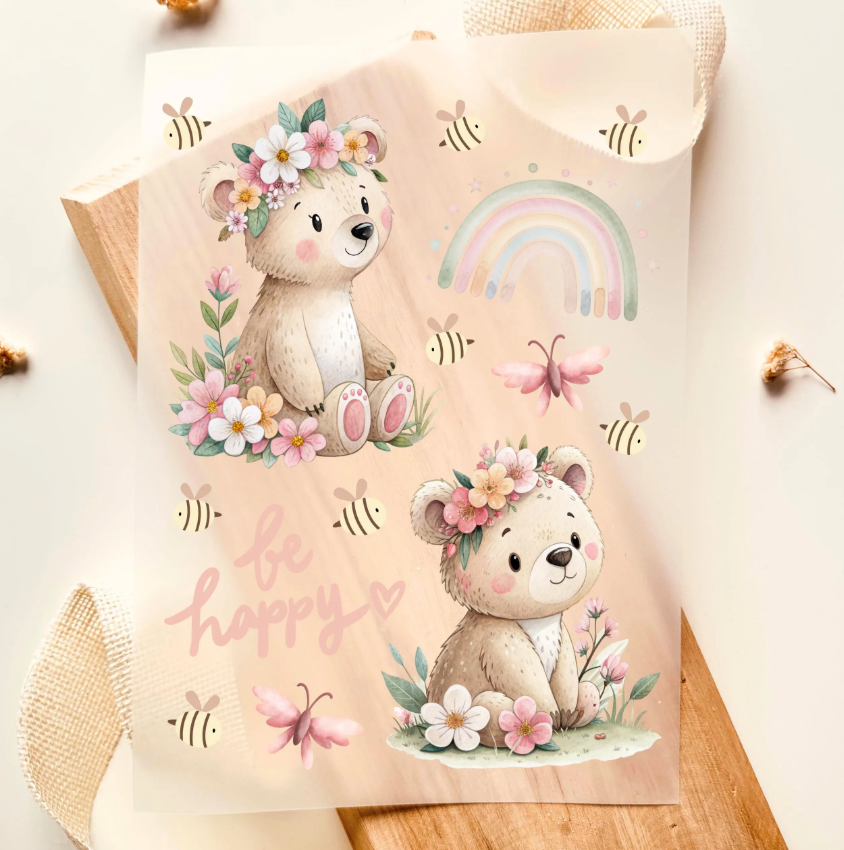 Bügelbild Set Mädchen – Bär, Regenbogen & Blumen
