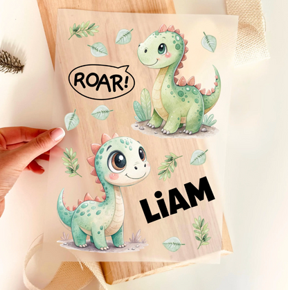 Dino Bügelbild Set für Kinder – Dinosaurier mit Zahl & ROAR Motiv