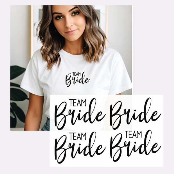 4 Bügelbilder in Schwarz, darunter 3 „Team Bride“-Designs und 1 „Bride“-Design. Perfekt für Hochzeitsfeiern, Junggesellinnenabschiede oder personalisierte Brautkleidung.