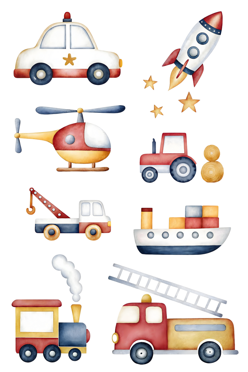 Set aus 8 Bügelbildern in Pastellfarben für Jungen mit verschiedenen Fahrzeugen wie Feuerwehrwagen, Polizeiauto, Trecker, Hubschrauber, Rakete, Abschlepper, Boot und Zug. Perfekt für Kinderkleidung oder Taschen.