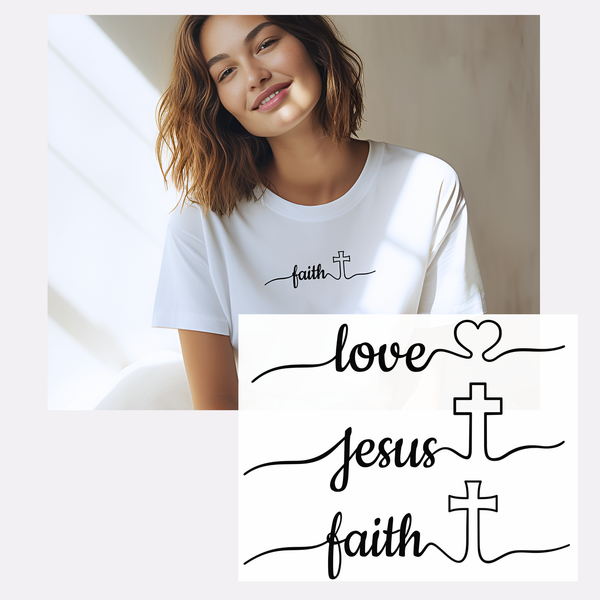 BSet aus 3 christlichen Bügelbildern in Schwarz für Erwachsene. Motive: „Love“ mit Herz, „Faith“ und „Jesus“, jeweils mit einem Kreuz verbunden. Perfekt zur Gestaltung von Kleidung, Taschen und Textilien mit spiritueller Botschaft.