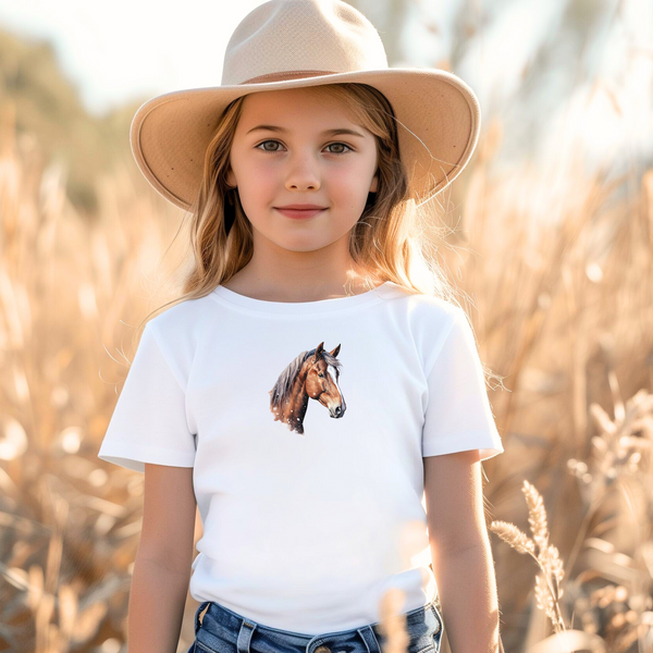 Großes Bügelbild für Mädchen mit einem braunen/weißen Pferd, ideal für personalisierte Kinderkleidung und Textilien.