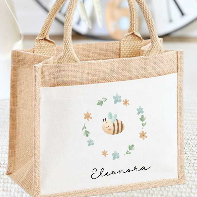 Kinder Jutetasche Biene Blumenkranz Kinder Baumwolltasche Geschenkidee für Kinder Geschenkidee zur Einschulung Bienemotiv zum aufbügeln Umhängetasche für Kinder Mädchen Jutetasche Mädchen Umhängetasche Mädchen Tasche Süßes Tier Motive zum aufbügeln