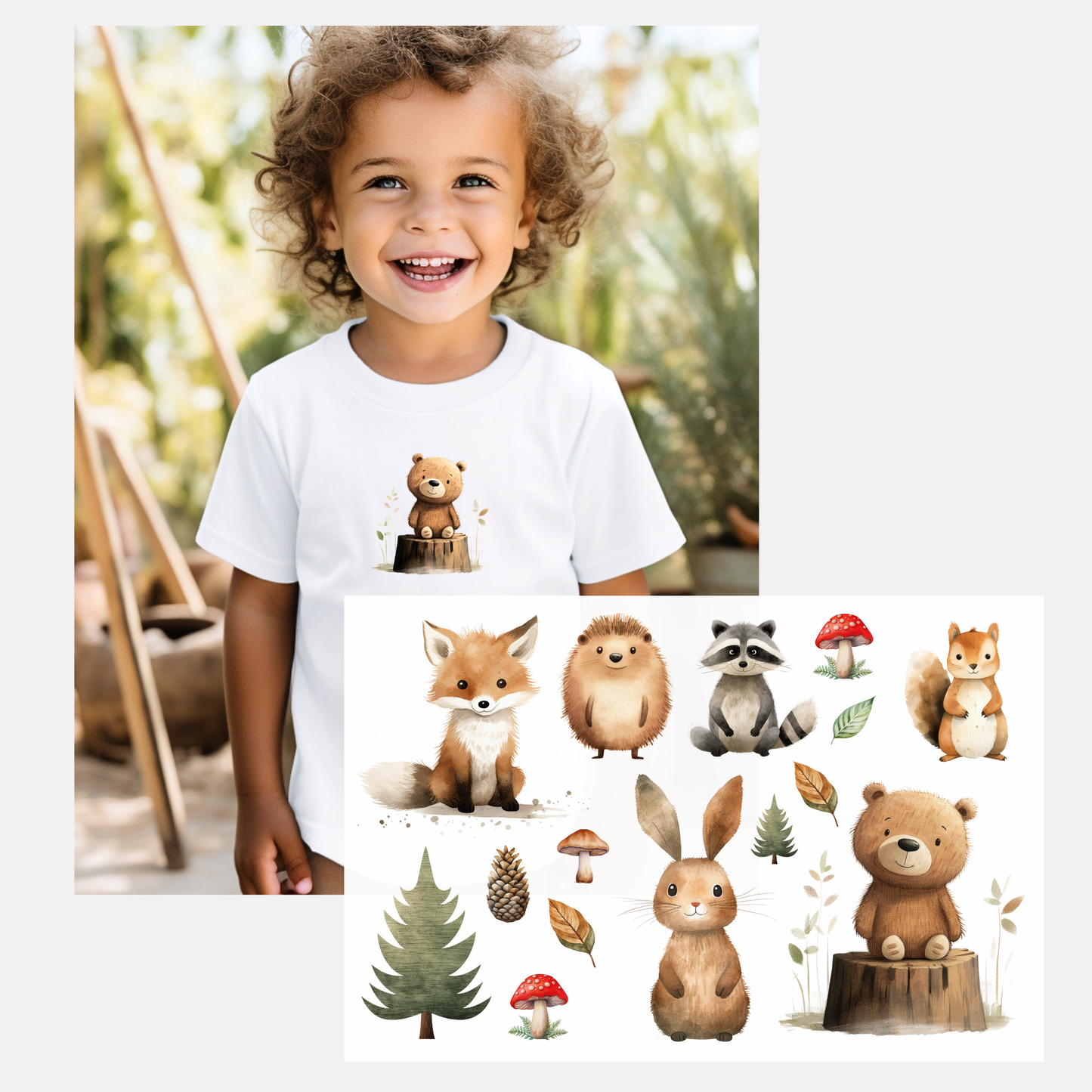 15-teiliges Bügelbilder-Set mit Waldtieren wie Bär, Hase, Eichhörnchen, Fuchs, Igel und Dachs, sowie Waldmotiven wie Bäume, Pilze, Eicheln und Blätter. Die Farben sind Braun, Grün und Rot. Ideal für Kinderkleidung und Accessoires.