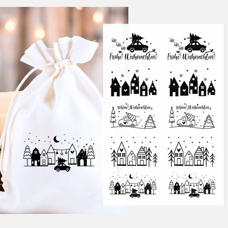 10 Weihnachts-Bügelbilder in Schwarz mit festlichen Motiven wie „Frohe Weihnachten“, Häusern, Autos, Weihnachtsbäumen, Sternen und Herzen. Ideal für Adventskalender, Weihnachtssäcke und kreative Textilprojekte.