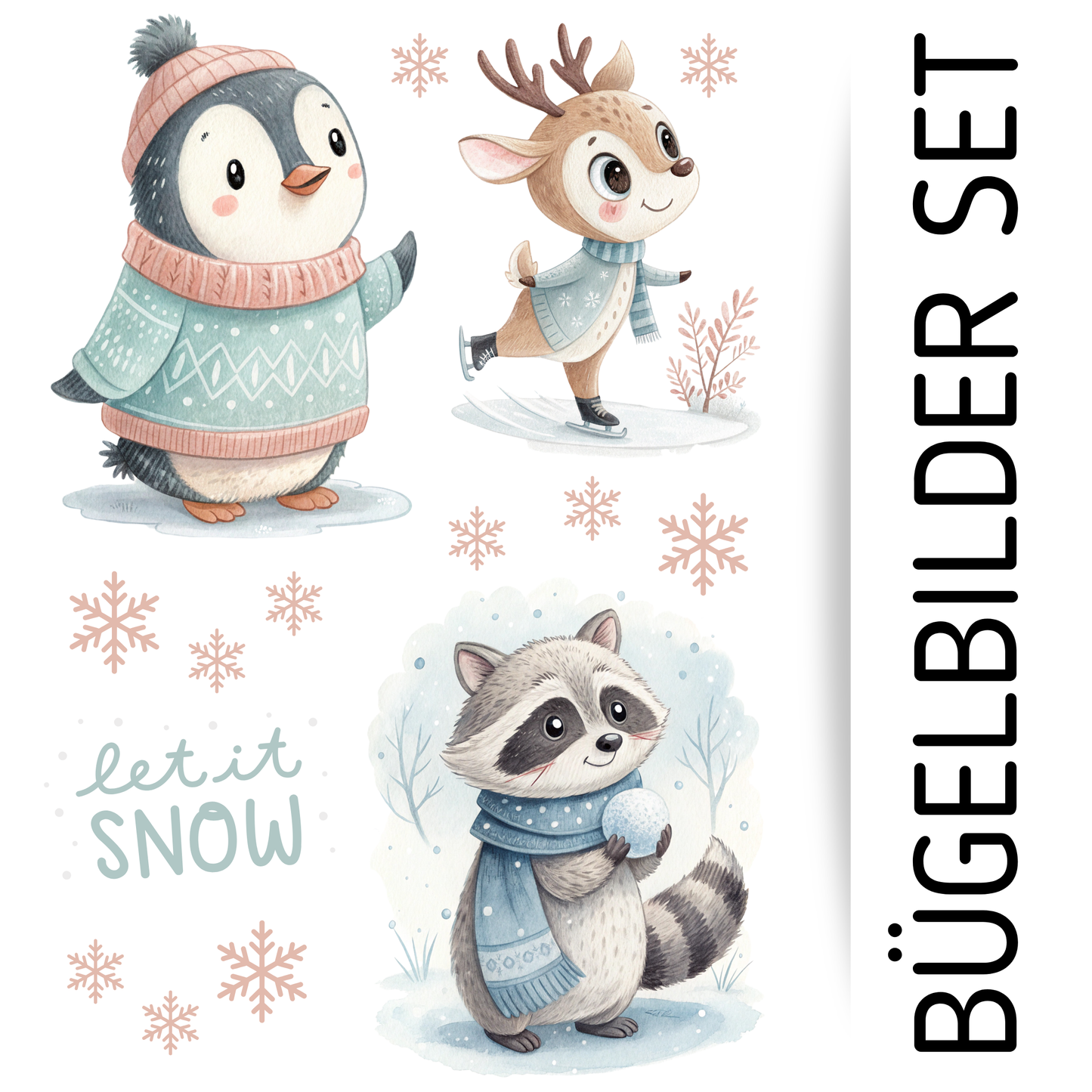 15 Bügelbilder Winter – Pinguin, Reh, Dachs & Schneeflocken