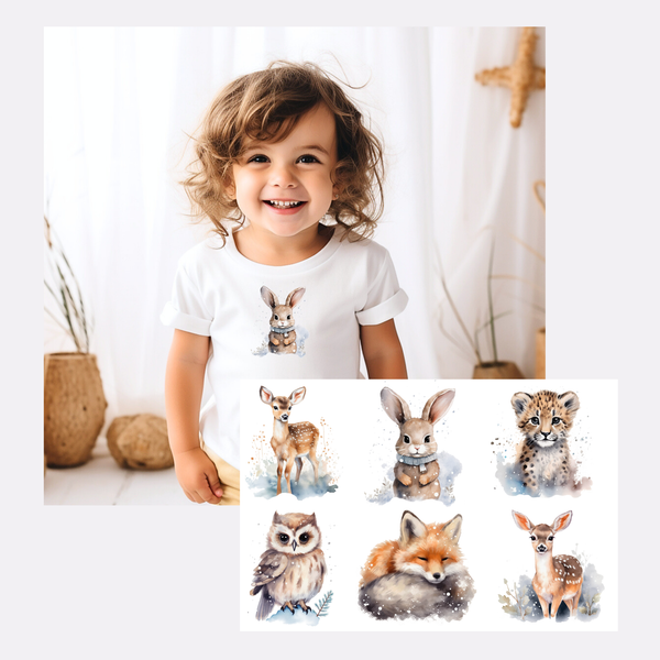 6 Kinder Bügelbilder mit Tieren: Zwei Rehe, ein Hase, Tiger, Eule und Fuchs, umrahmt von einem sanften Farbverlauf im Hintergrund. Die Bügelbilder sind in Blau, Braun und Orange gehalten, ideal für kreative Kinderkleidung und Textilien.