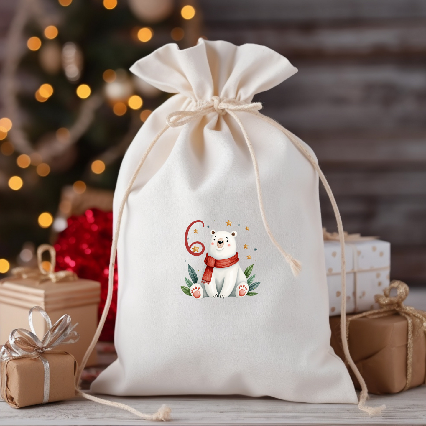 Bügelbild Adventskalender Eisbär Aquarell Rot Weiß Säckchen Weihnachten