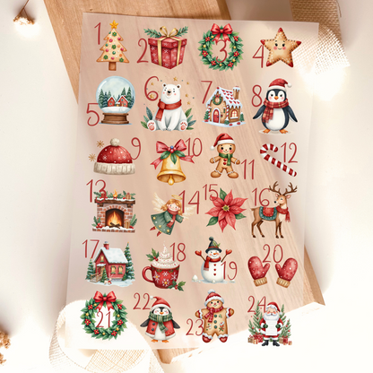 Bügelbild Adventskalender Set 1 bis 24 Weihnachten Aquarell Bunt Nikolaus Pinguin Schneemann