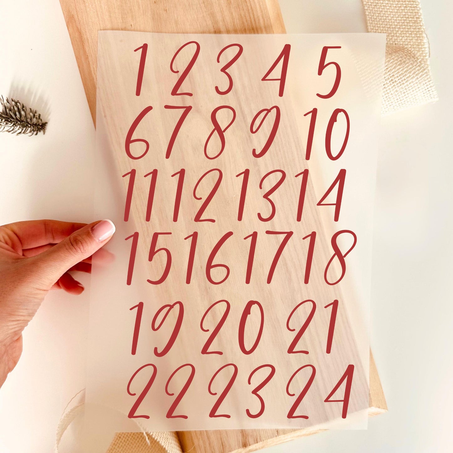 Bügelbild Adventskalender Zahlen 1 bis 24 Rot Kalligraphie Weihnachten