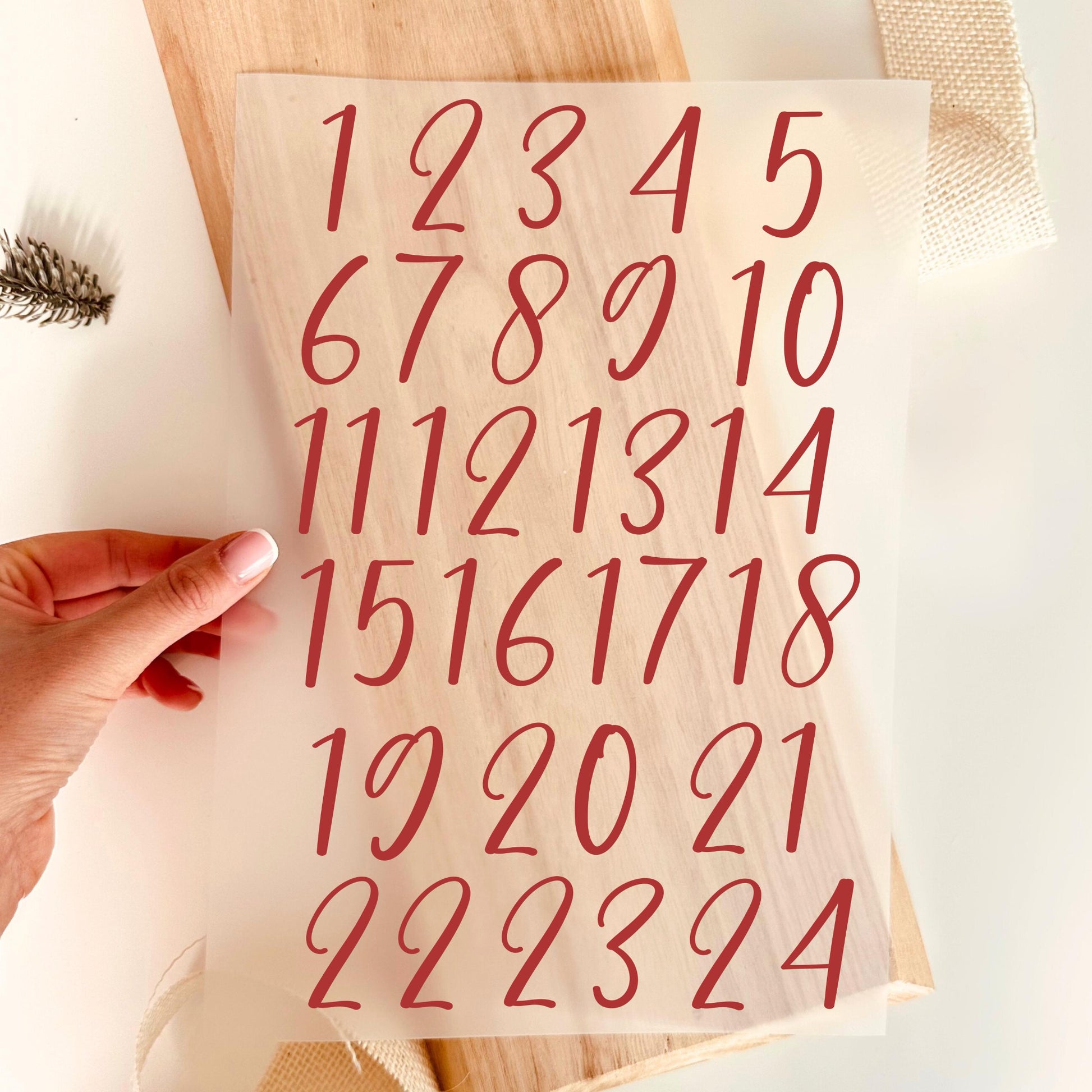 Bügelbild Adventskalender Zahlen 1 bis 24 Rot Kalligraphie Weihnachten
