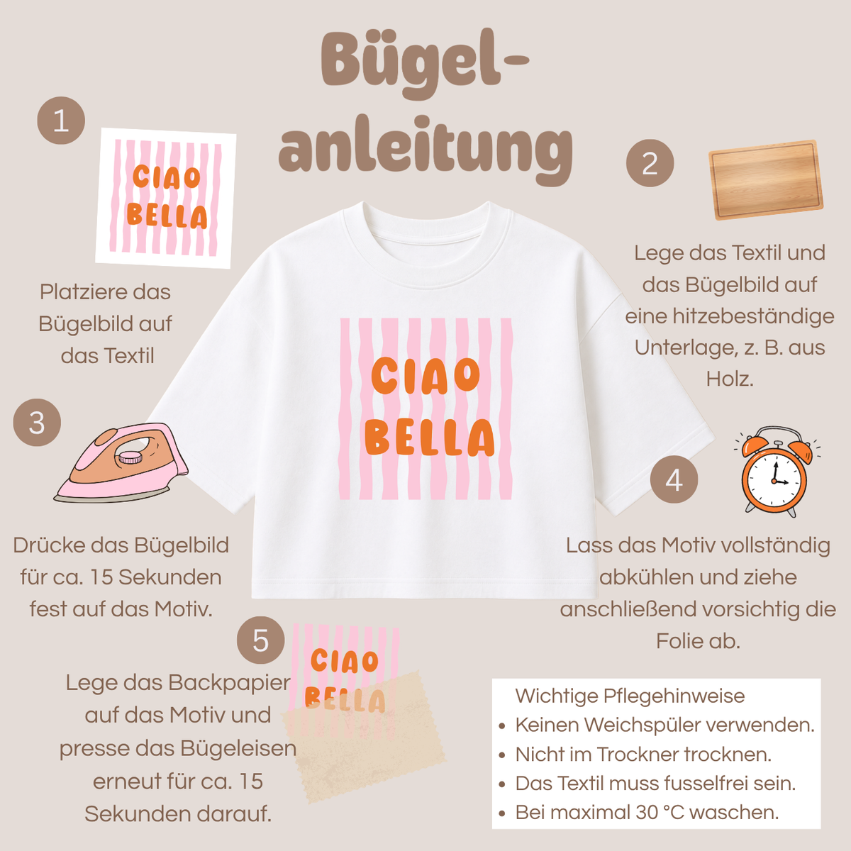 Bügelbild Anleitung – Textiltransfer in 5 Schritten auf T-Shirts aufbügeln mit Pflegehinweisen
