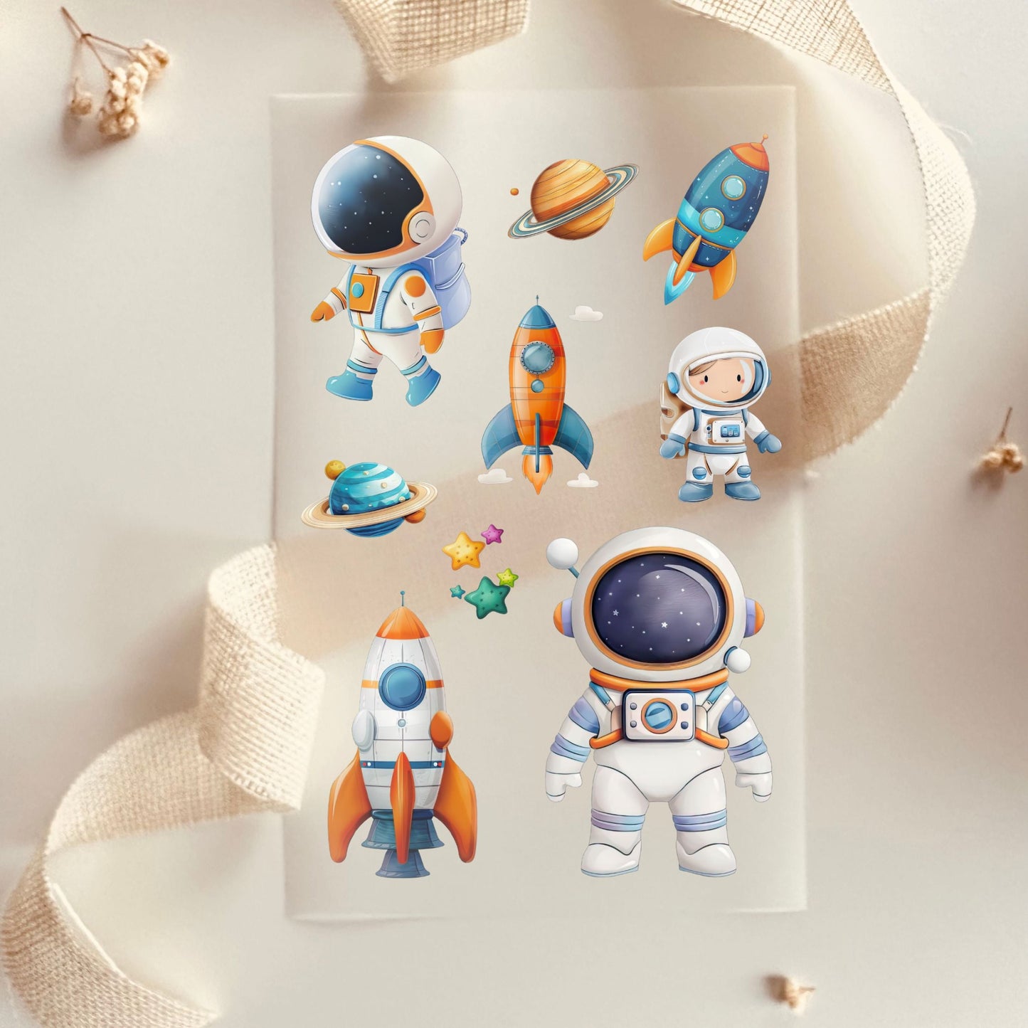Bügelbild-Transferfolie mit Astronauten- und Weltraum-Motiven für Kinder