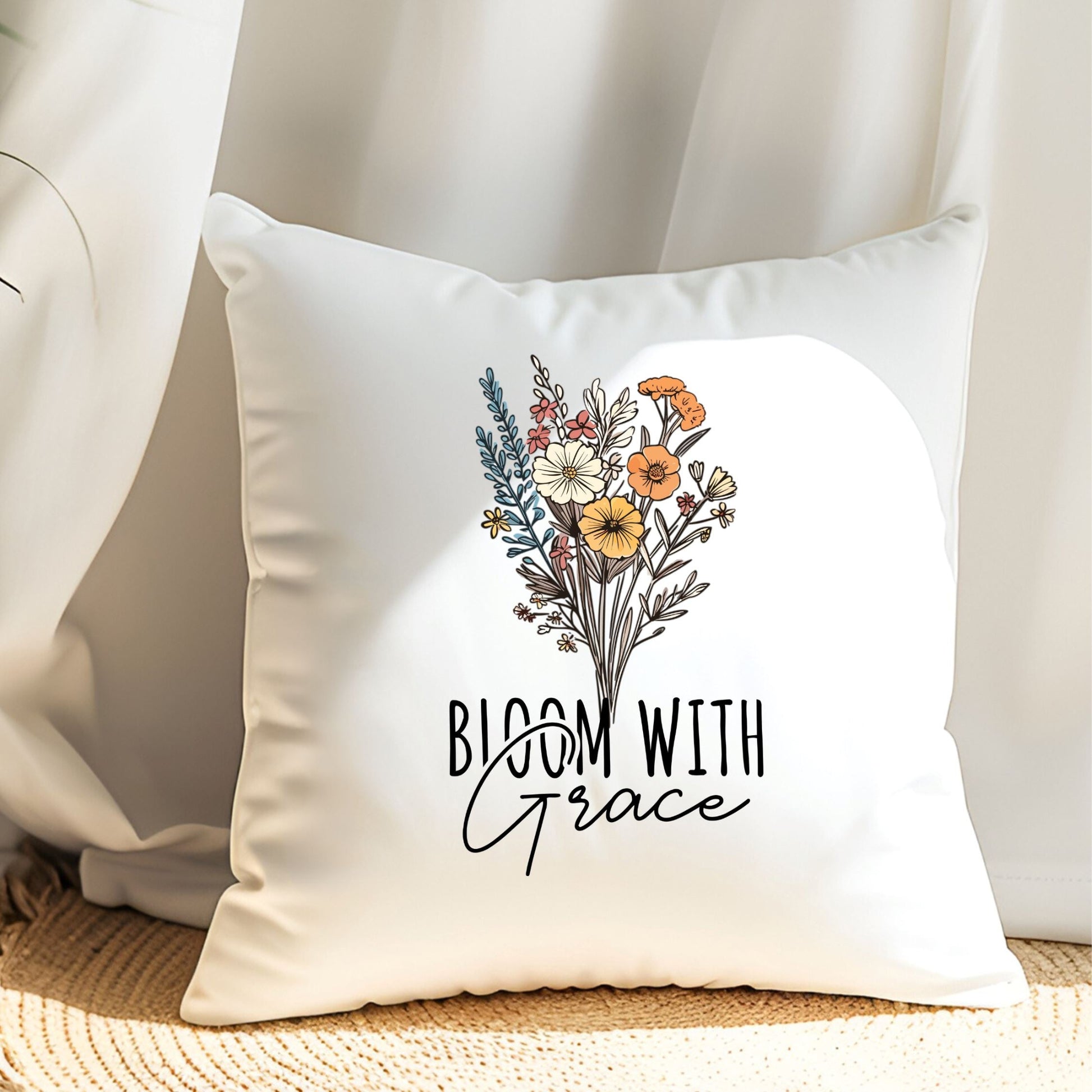 Bügelbild mit Blumenstrauß und Schriftzug "Bloom With Grace" zum Aufbügeln