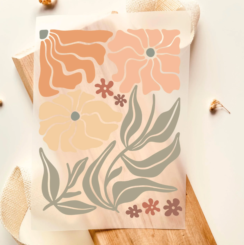Bügelbild Blumen Botanisch Retro Boho Apricot Gelb Grün Nahaufnahme