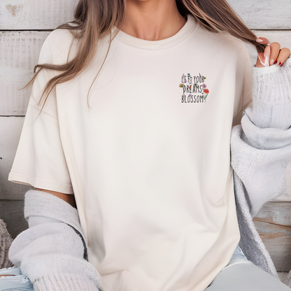Bügelbild mit floralem Motiv und positivem Spruch zum Aufbügeln