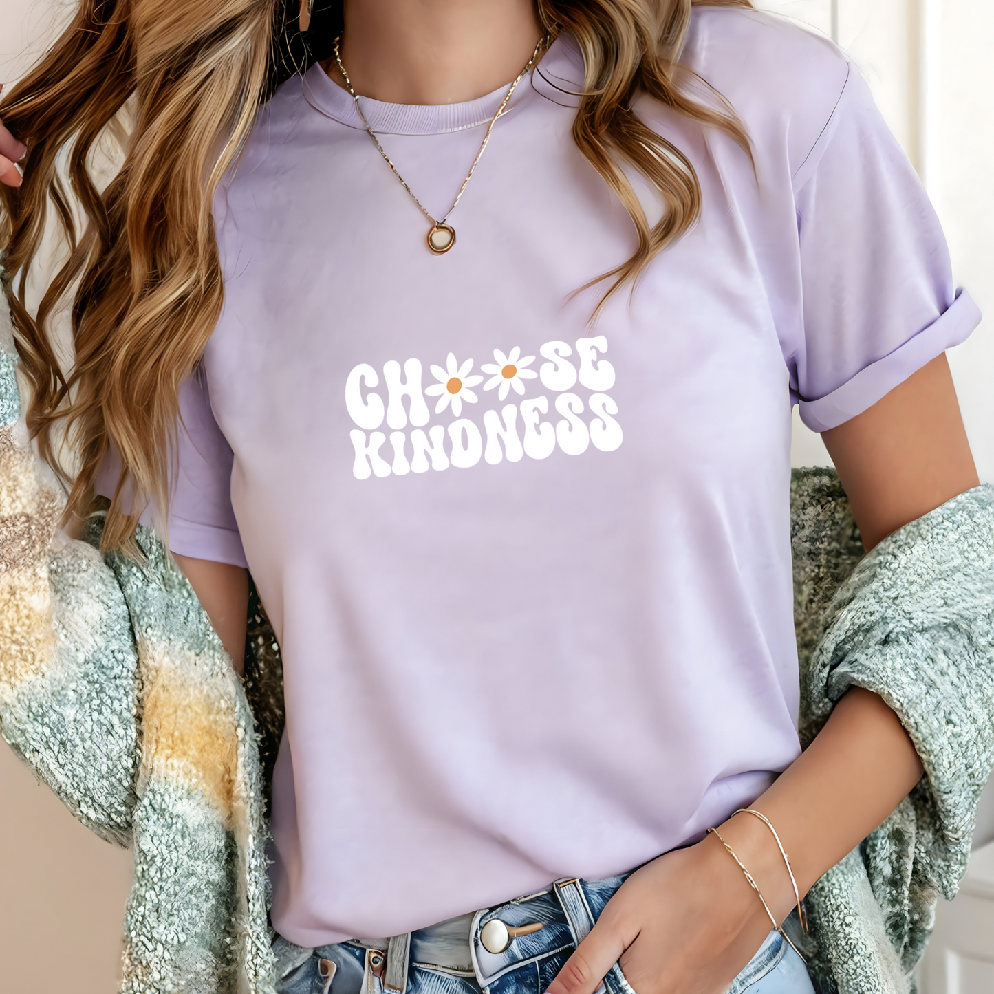 Bügelbild mit Schriftzug "Choose Kindness" und Blumen-Details im Retro-Stil