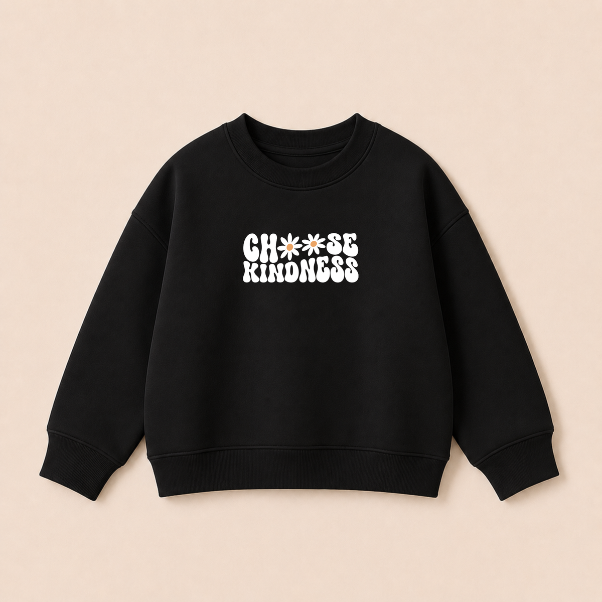 Bügelbild Choose Kindness mit Blumen in Weiß und Orange für Sweatshirts und Kinderkleidung