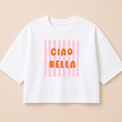 Bügelbild Ciao Bella mit rosa Streifen und orangem Schriftzug für Kinderkleidung