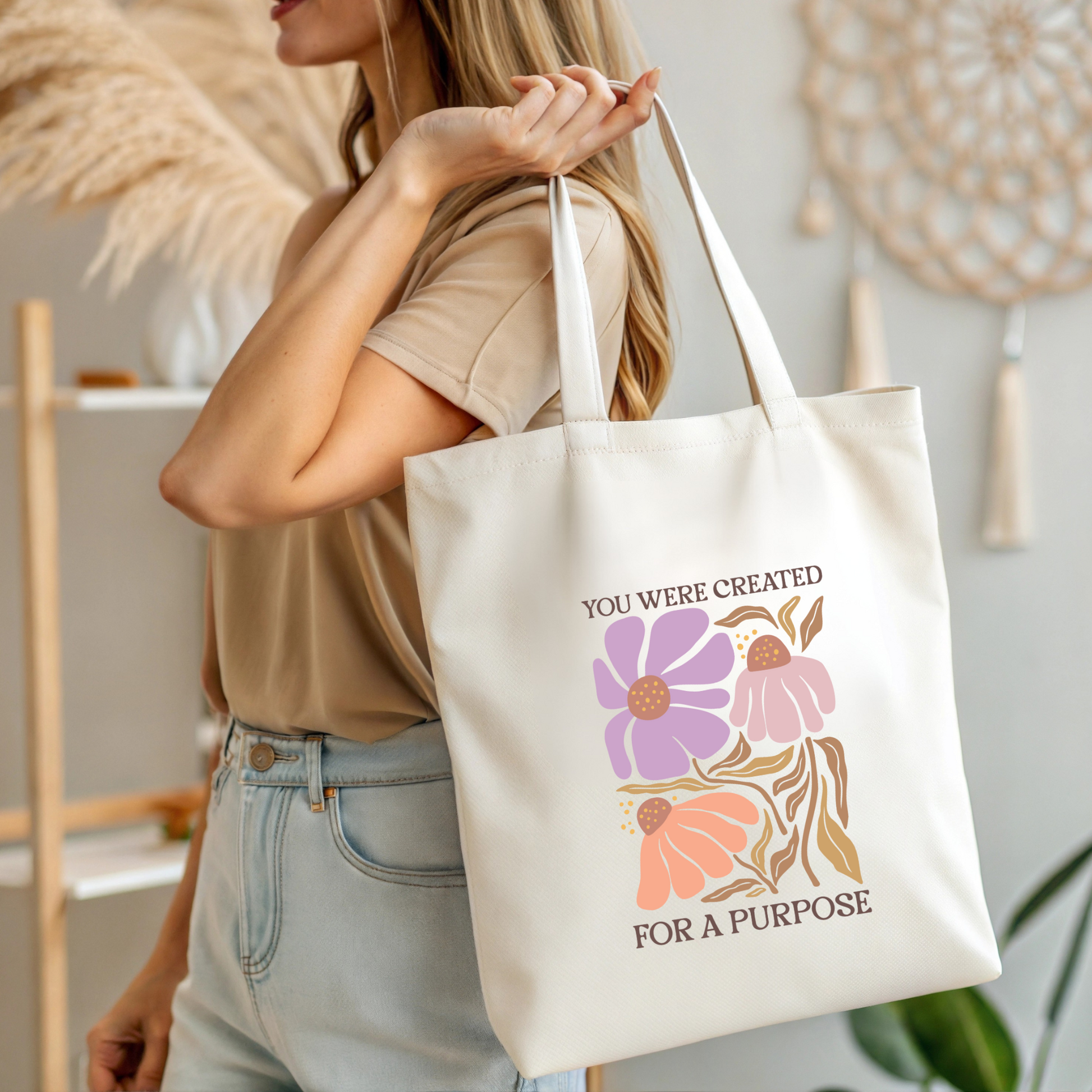 Bügelbild mit Blumen-Motiv und Schriftzug "You Were Created for a Purpose" zum Aufbügeln
