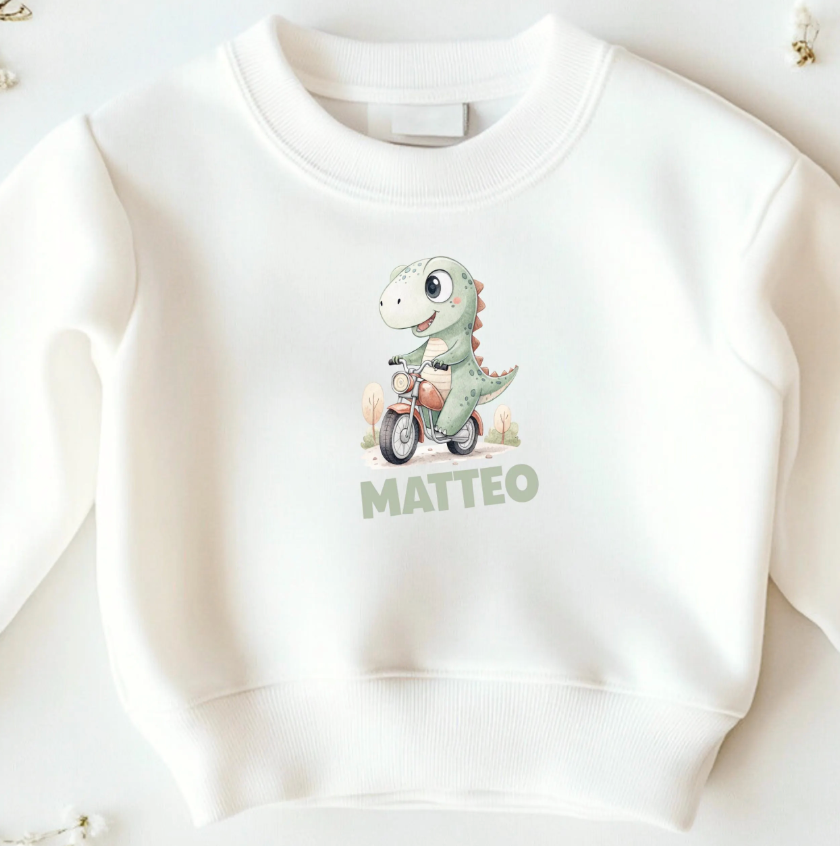 Bügelbild Dinosaurier Motorrad Aquarell Grün Personalisiert Groß Kinder