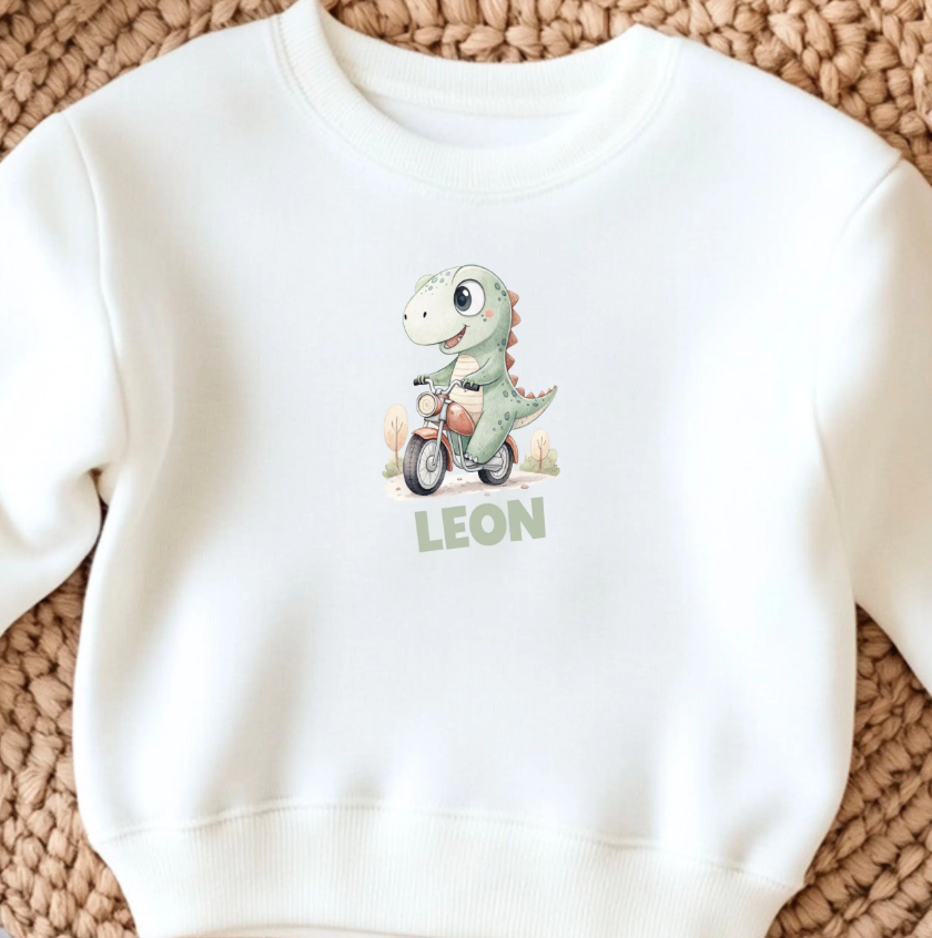 Bügelbild Dinosaurier Motorrad Aquarell Grün Personalisiert Klein Kinder