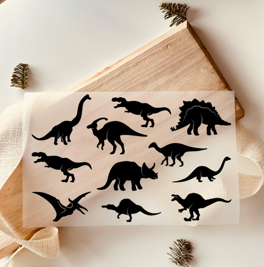 Bügelbild Dinosaurier Set 12 Silhouetten schwarz verschiedene Arten