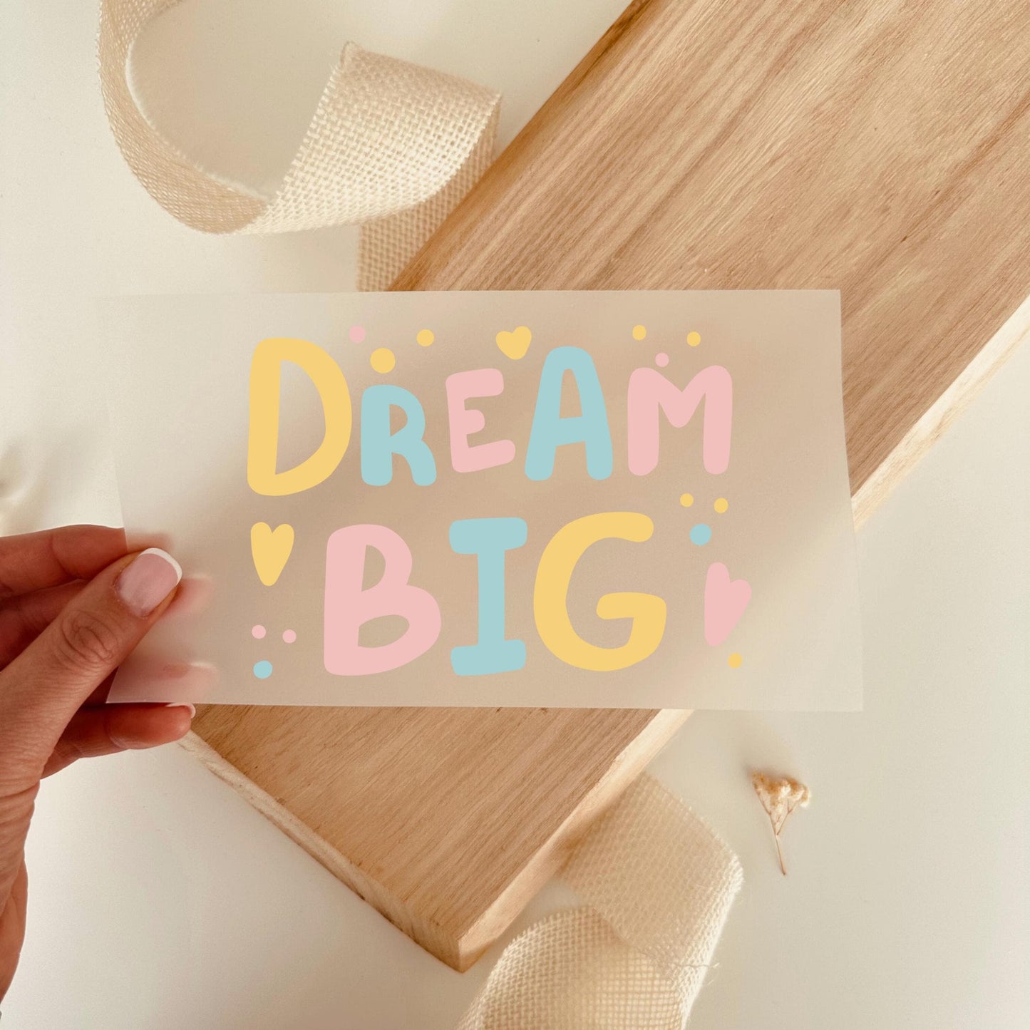 Bügelbild Dream Big Schriftzug Pastell Bunt Kinder