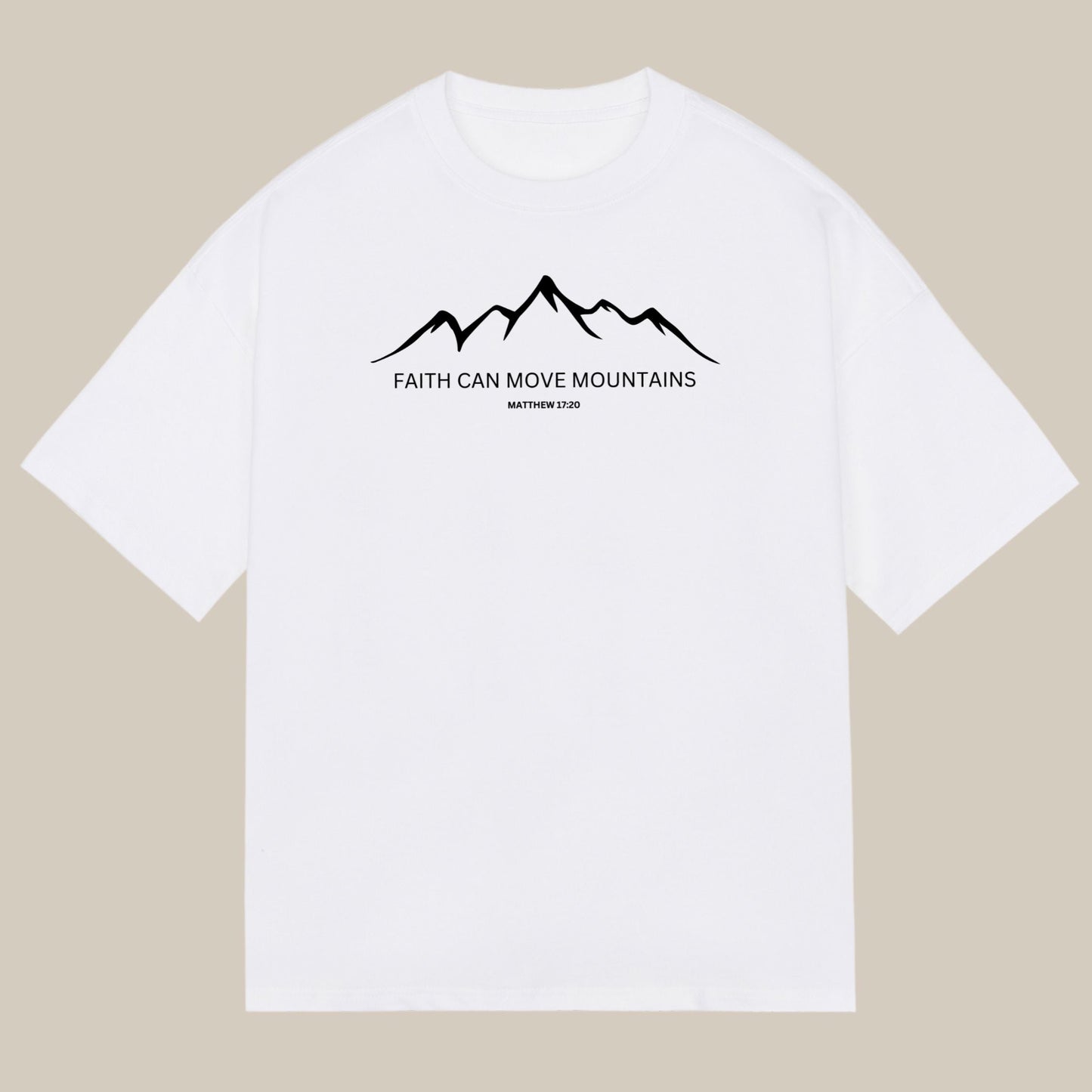 Bügelbild mit Bergmotiv und Schriftzug "Faith Can Move Mountains" zum Aufbügeln