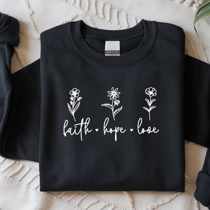 Bügelbild mit kleinen Blumen-Strichzeichnungen und Schriftzug "Faith Hope Love" in Weiß