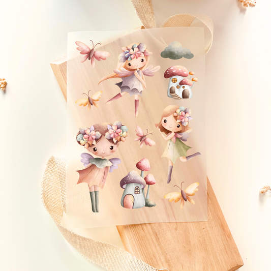 Bügelbild-Set mit Feen, Schmetterlingen und Pilzhäuschen im Aquarell-Stil in Pastellfarben für Kinderkleidung