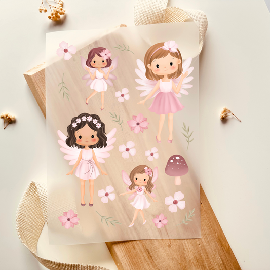 Bügelbild-Set mit Feen, Blumen und Pilzen im Aquarell-Stil in Rosa für Kinder