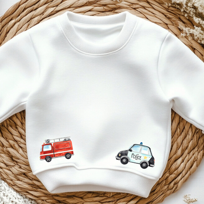 Bügelbild mit Feuerwehrauto und Polizeiauto im Aquarell-Stil zum Aufbügeln für Kinder