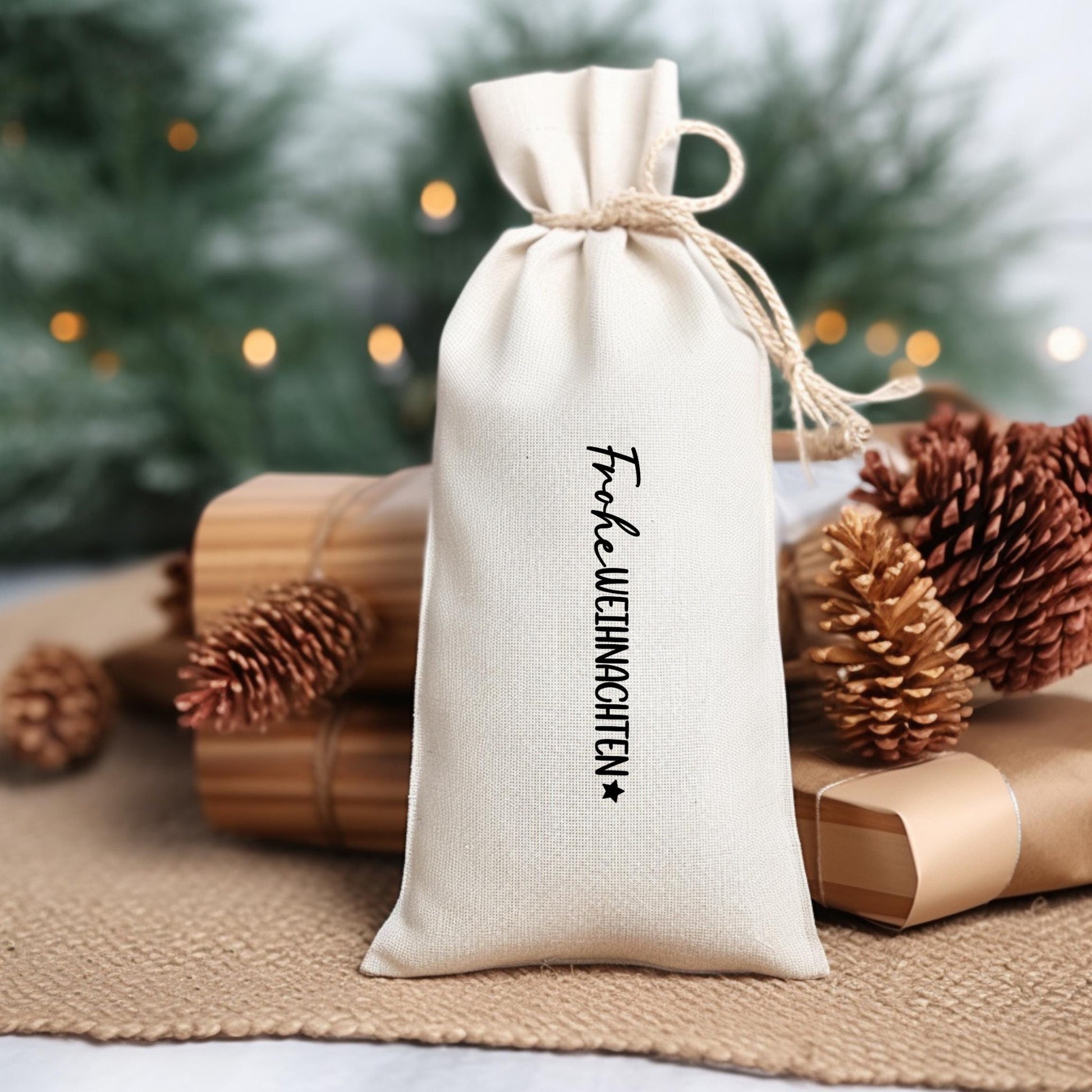 Bügelbild Frohe Weihnachten Schriftzug Kalligraphie Schwarz Säckchen