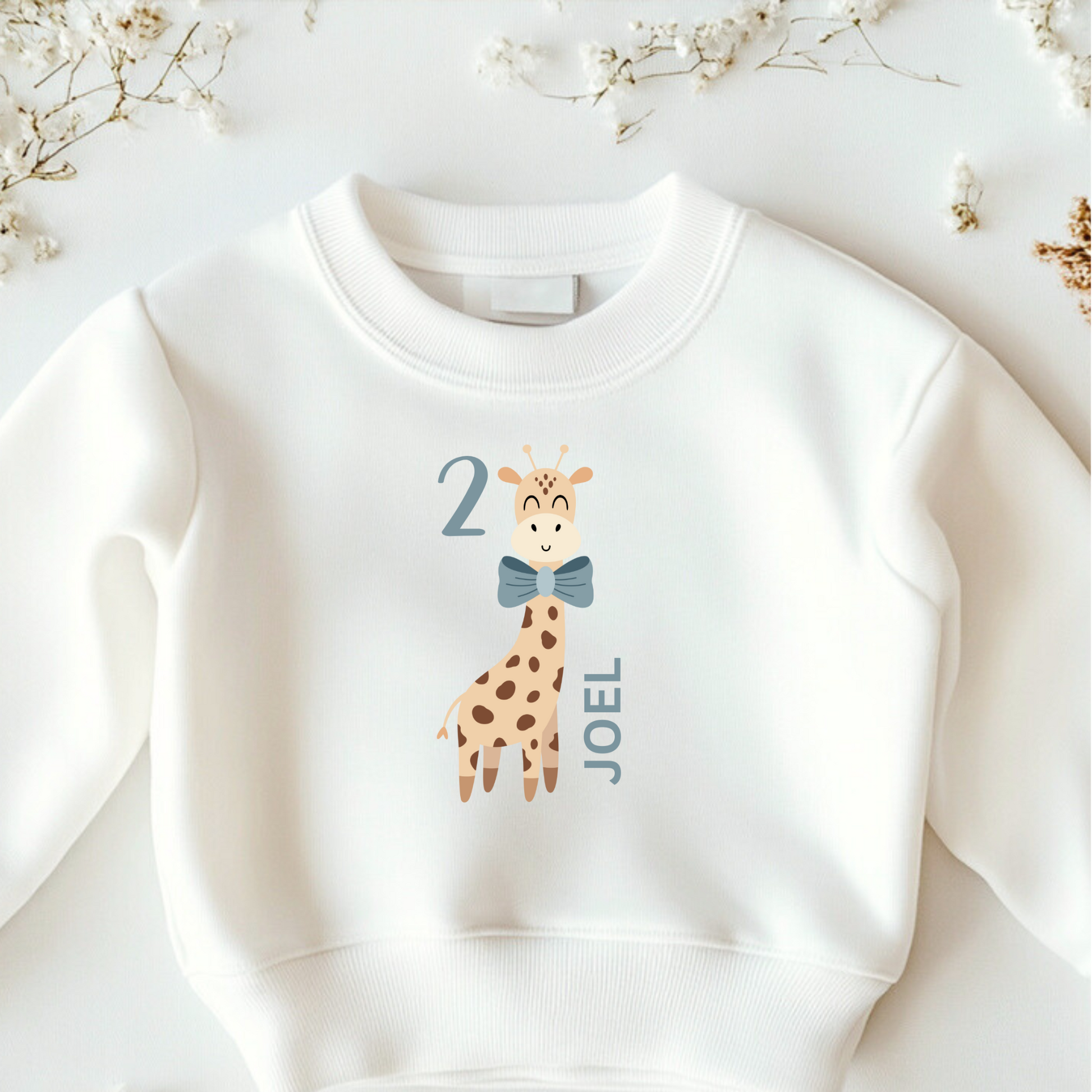 Bügelbild mit Giraffen-Motiv, Wunschname und Zahl zum Aufbügeln, personalisierbar für Geburtstage